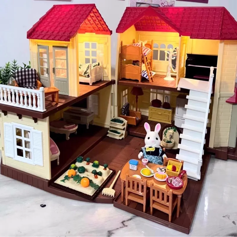 غابة المنزل الحيوان الأسرة أرنب صغير فيلا غرفة المعيشة المطبخ غرفة نوم حديقة مجموعة اثاث صغير فتاة التظاهر اللعب لعبة نموذج