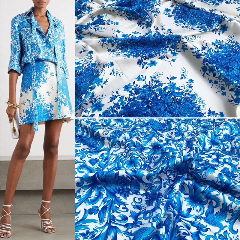 Fashion Imitate Silk Satin Blue and White Porcelain Digital Printing Fabric For Woman Dress Blouse Handmade DIY Cloth Sewing