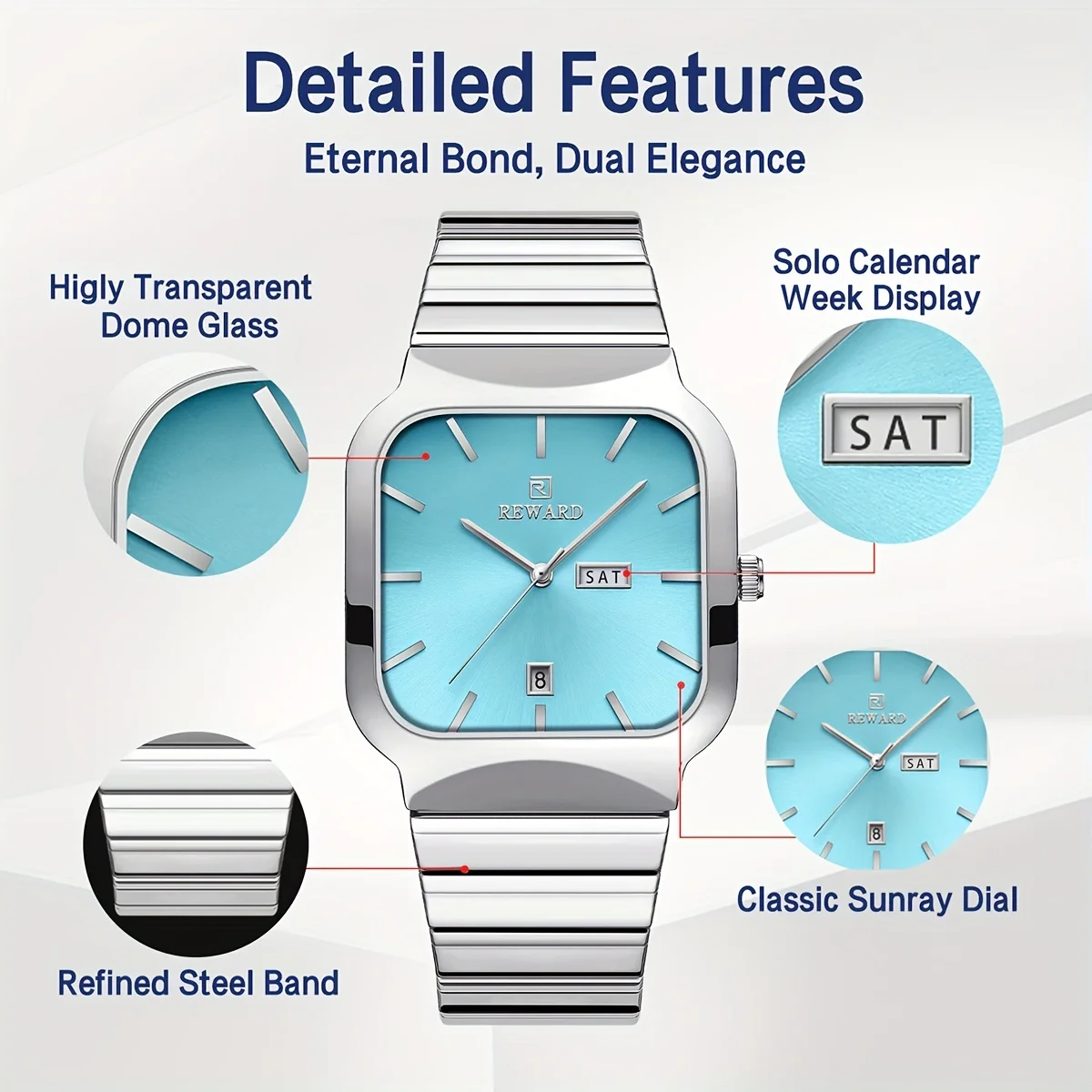 REWARD Square Ice Blue Men's Quartz Watch Waterproof Fashion Sport Watches for Men Clock reloj hombre