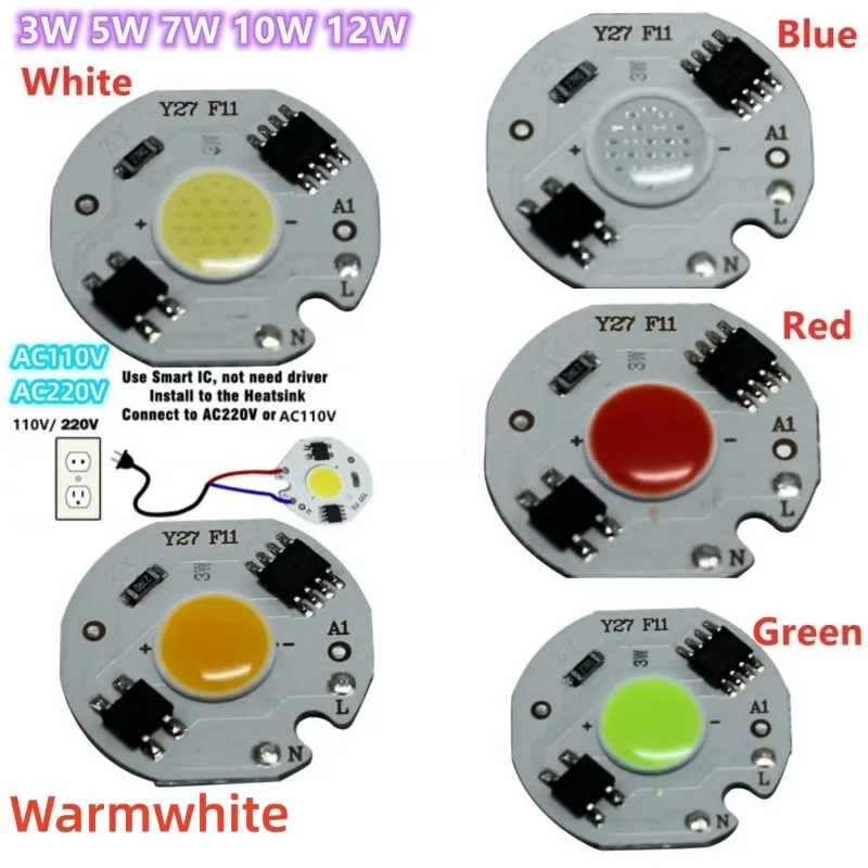 AC110-220V Drive Free LED Floodlight Spotlight COB Chip Light 3/5/7/10W 12W Led Downlight Beads Warmwhite/white/Red/Green/Blue