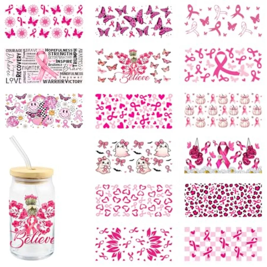 

15 Sheets Butterfly Believe UV DTF Cup Wraps for Glass Cups Breast Cancer Awareness Ghost Bow uvdtf Transfer Stickers Sunflower