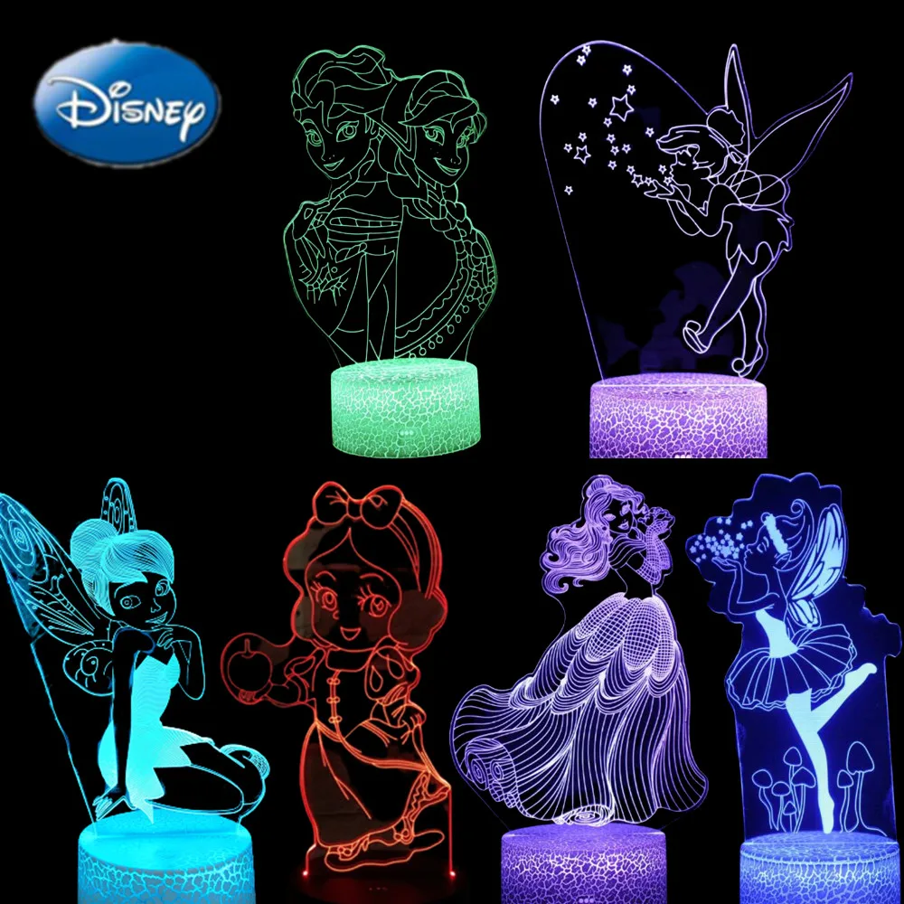 Frozen Princess 3D Visual Lamp Anna Elsa Figurine Tinker Bell LED Night Light Acrylic Illusion Table Lampara Home Toys Lighting