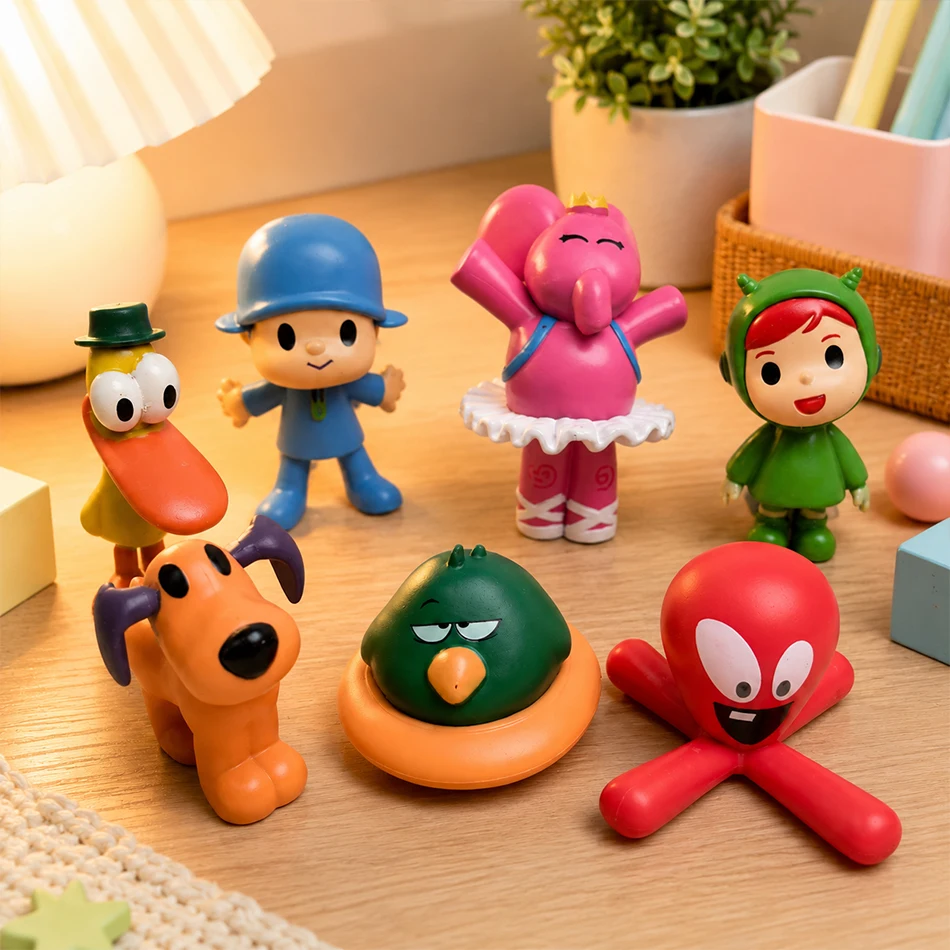 Neue Pocoyo-Tierfiguren 7-teilig Vogel Ente Elefant Puppen-Modell Szenen-Ornamente Anime Cartoon Niedliche PVC-Figuren Spielzeug