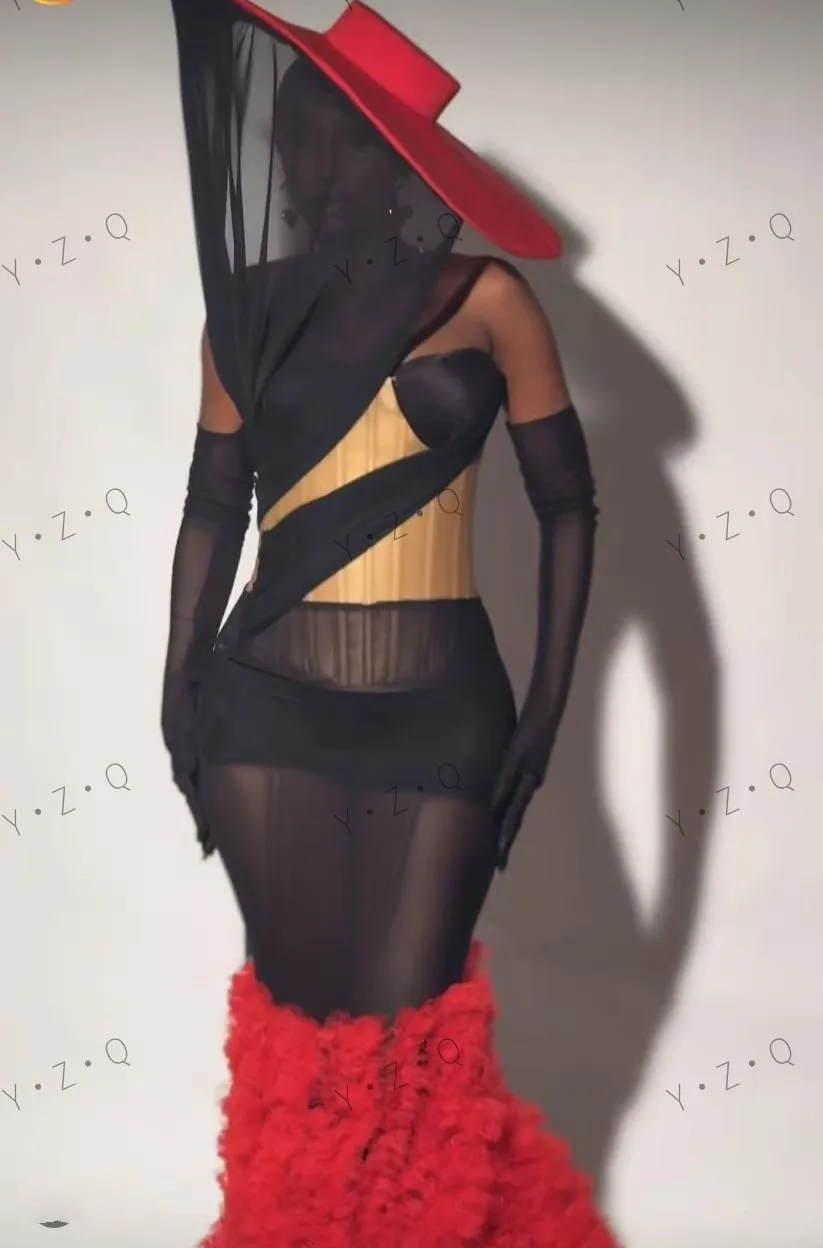 Abiti da festa eleganti da donna con spalle scoperte con guanti a strati sirena nero rosso tulle modesto abito da cerimonia nuziale lungo con corsetto