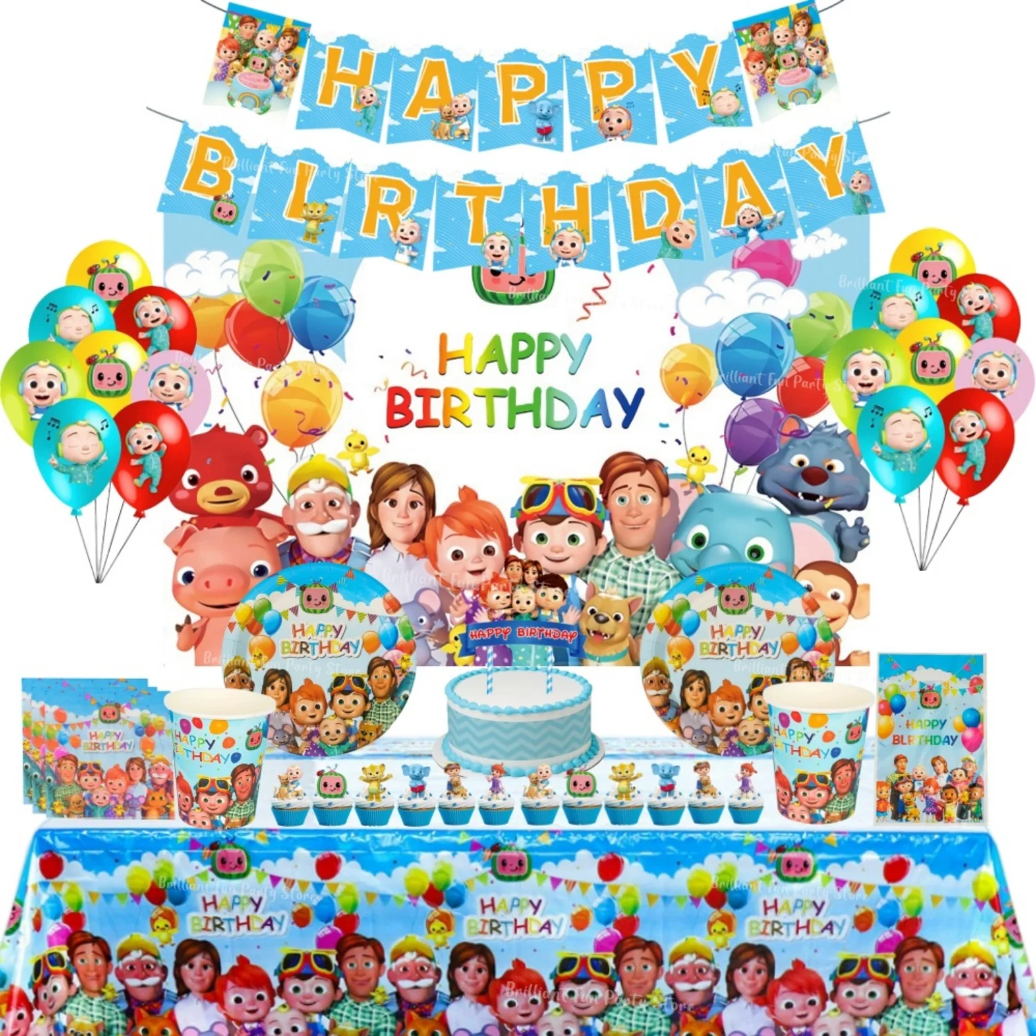 Kit de Decoración de Cumpleaños Cocomelon para Niños - Platos, Globos, Mantel y Pancarta de Dibujos Animados, Artículos para Fiestas de Baby Shower para Niños y Niñas