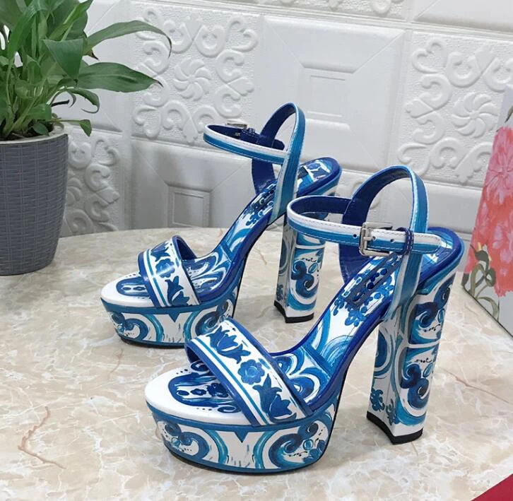 Chunky Heel Platform Printing Flower Women Summer Sandal Shoes Ankle Strap Genuine Leather Luxury 2023 New Designer Shoe