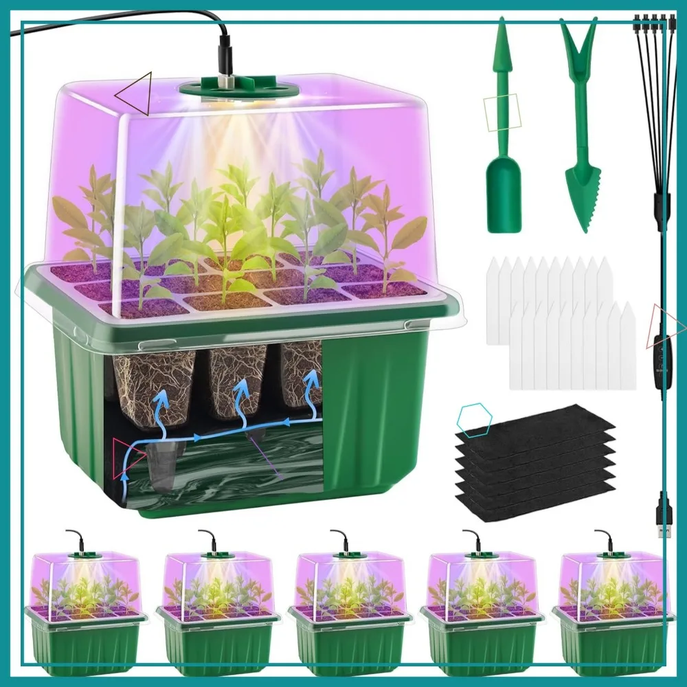 

6-Pack Self-Watering Seed Starter Tray with Adjustable Grow Light & Humidity Dome Indoor Gardening Kit