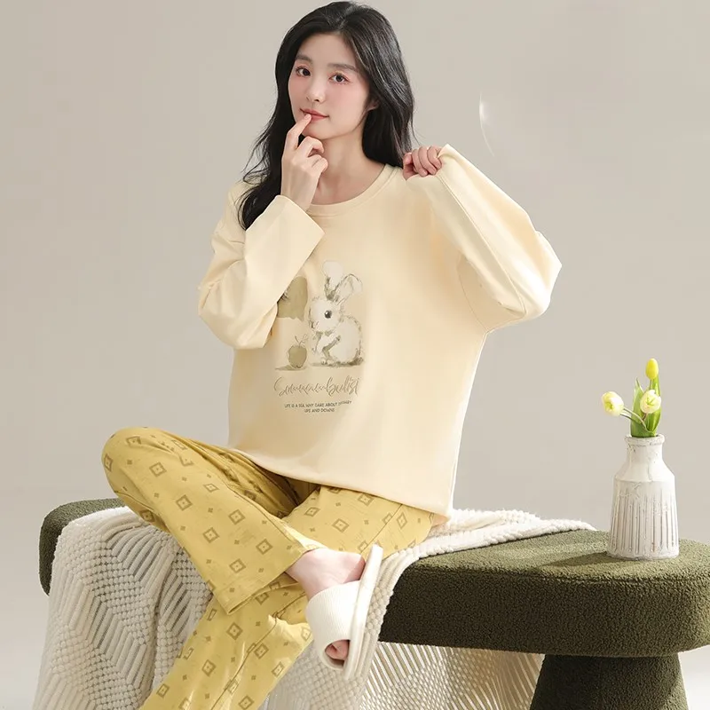 

Pajama Sets Winter Women Neck Nightwears Lady Retro Long-Sleeve Loose Design Print Polyester Black Zipper Grey Long Pants Ribbed