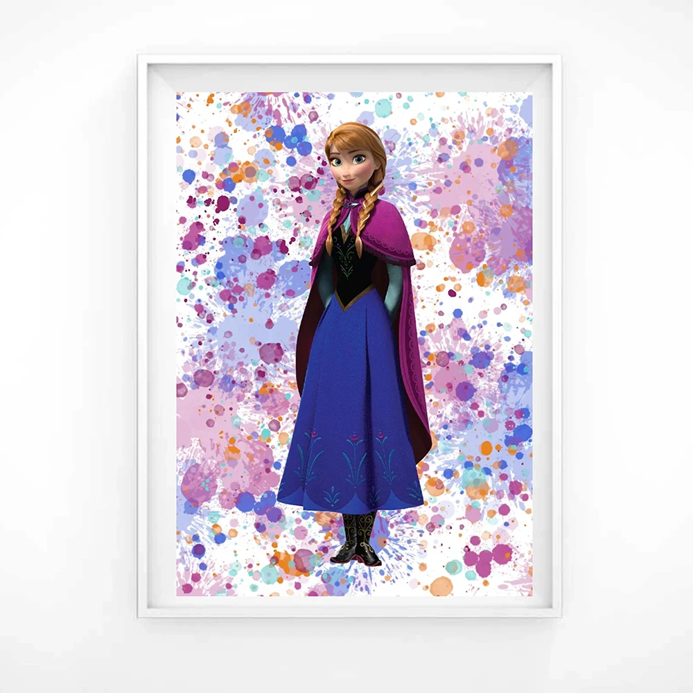 Disney Princess Anna and Elsa Watercolor Splash Poster  Custom Name Painting Prints Bedroom Living Room Home Decor Kids Gifts