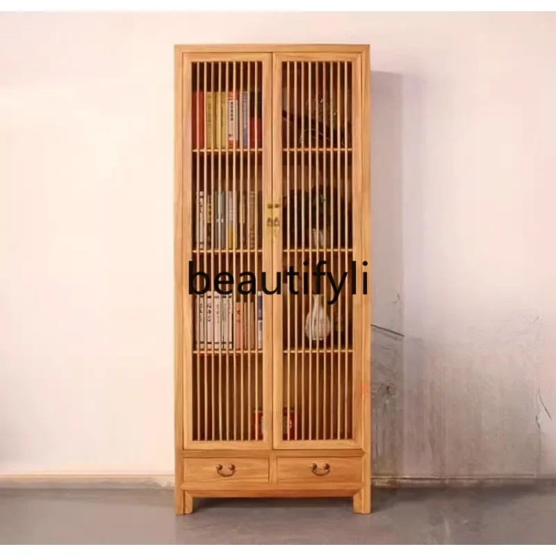 D2520 old elm bookcase solid wood paint-free storage, calligraphy and painting storage, Zen tea cabinet log display cabinet