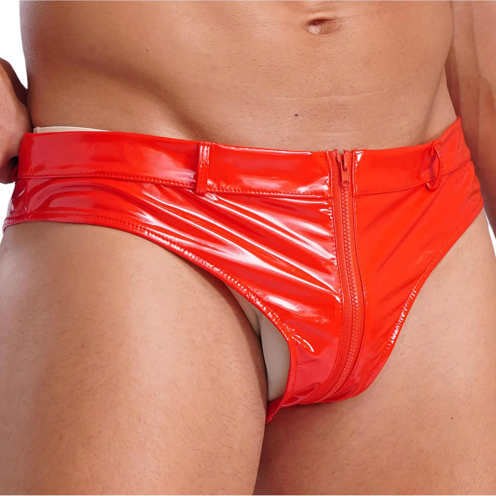 Mens Lingerie Zipper Crotch Booty Shorts Underwear Wet Look Patent Leather Briefs Panties Low Waist Hot Pants Clubwear