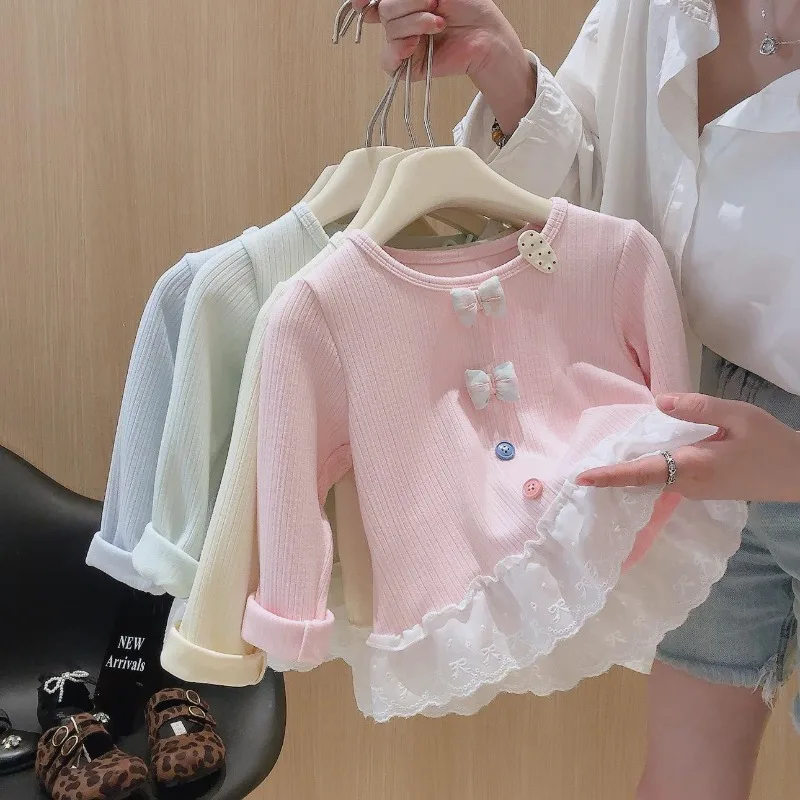 UNITIM Herbst-Unterhemd für Kinder, lockeres Unterhemd mit Schleife und Spitzenbesatz, für Kleinkinder, Mädchen, lange Ärmel, 2–8 Jahre, für Kinder, Mädchen, Rundkragen-T-Shirts – Detail 4