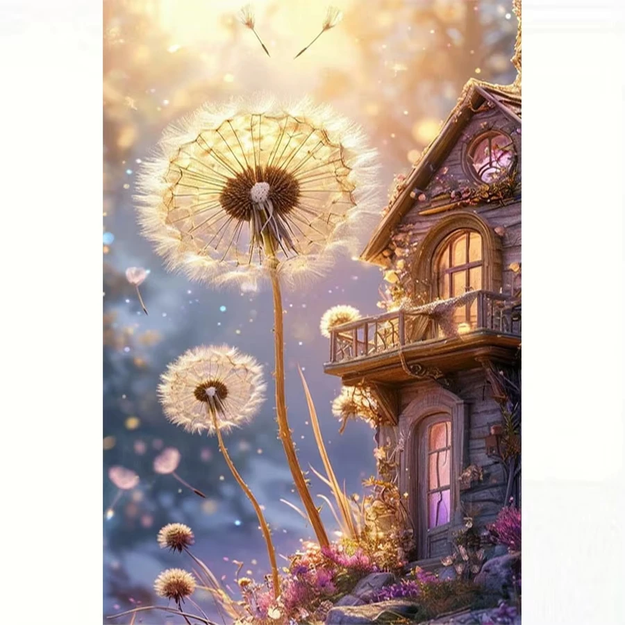 Full Square Diamond,No Frame1pc, 5D Dreamy Dandelion House Diamond Painting Tale Style Miniature Architecture Illustration Art