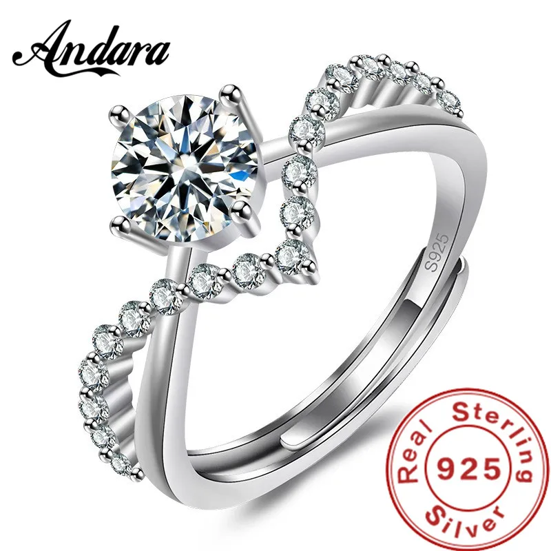 925 Sterling Silver Zircon Couple Ring Adjustable Open Heart-Shaped Men Women Love Eternal Wedding Anniversary Jewelry