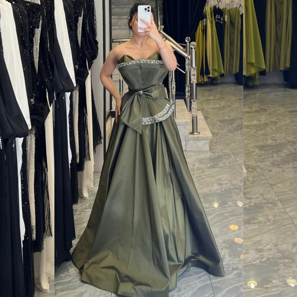 

Customized Chinese Style Charmeuse Sequined Bow Pleat A-line Strapless Long Dresses Bespoke Occasion Sexy