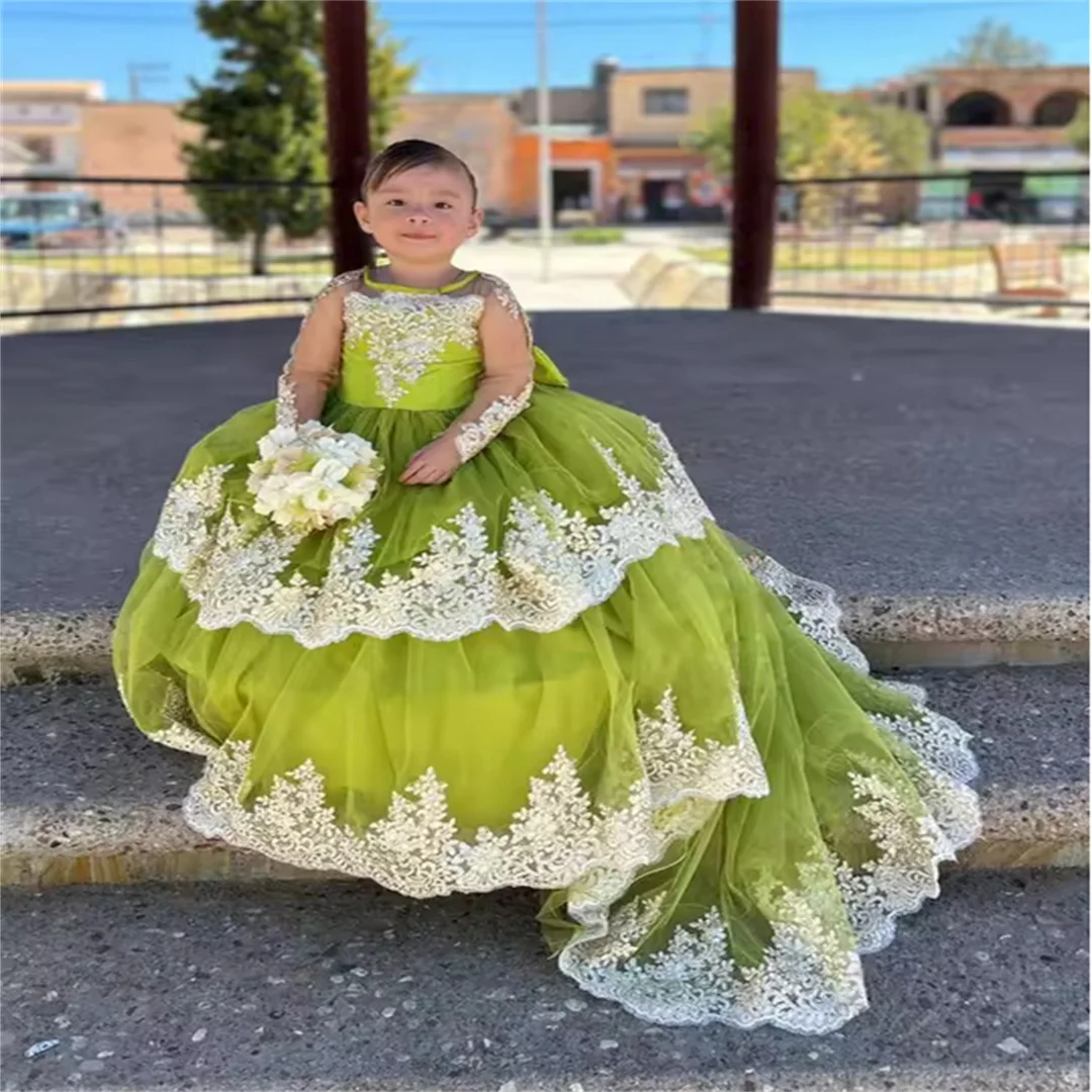 Meninas rendas manga vestidos da menina de flor com trem crianças tule em camadas pageant vestido cetim arco comunhão vestidos festa casamento