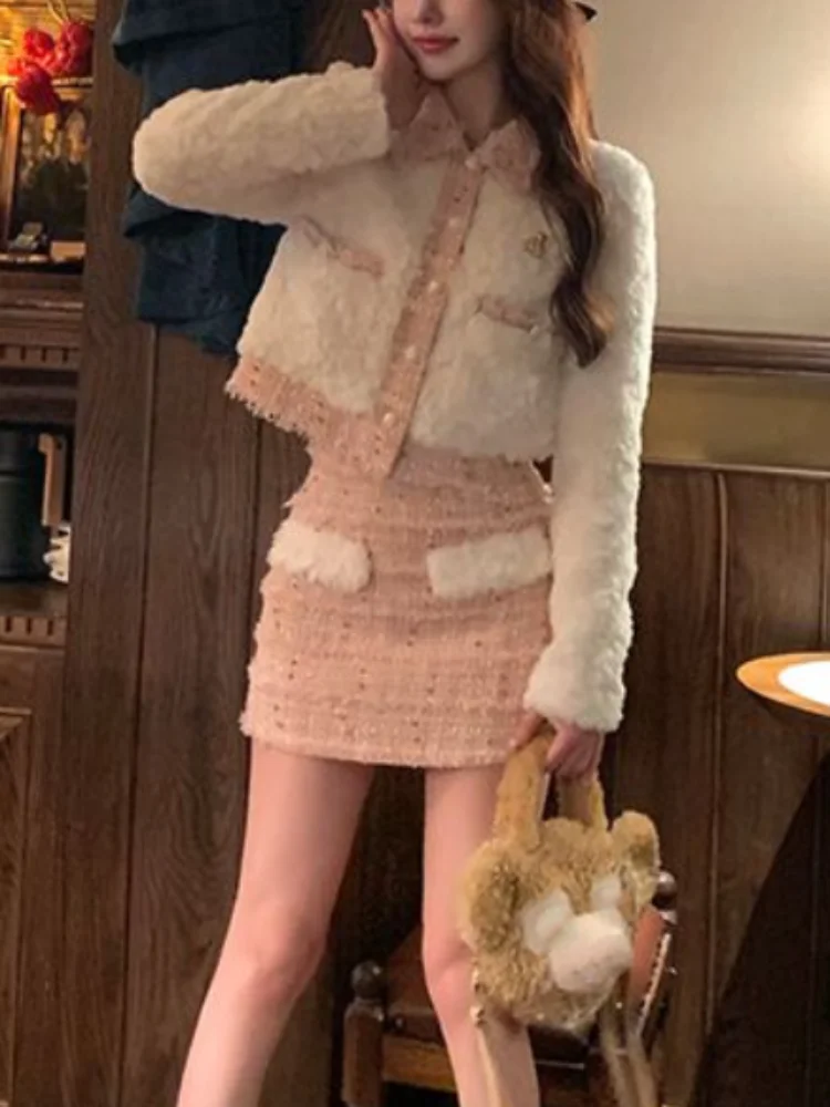 

2024 Pink Kawaii Knitted Suit Korean Fashion 2 Piece Set Woman Warm Short Coat + Slim Bodycon Mini Skirt Wool Vingage Clothing