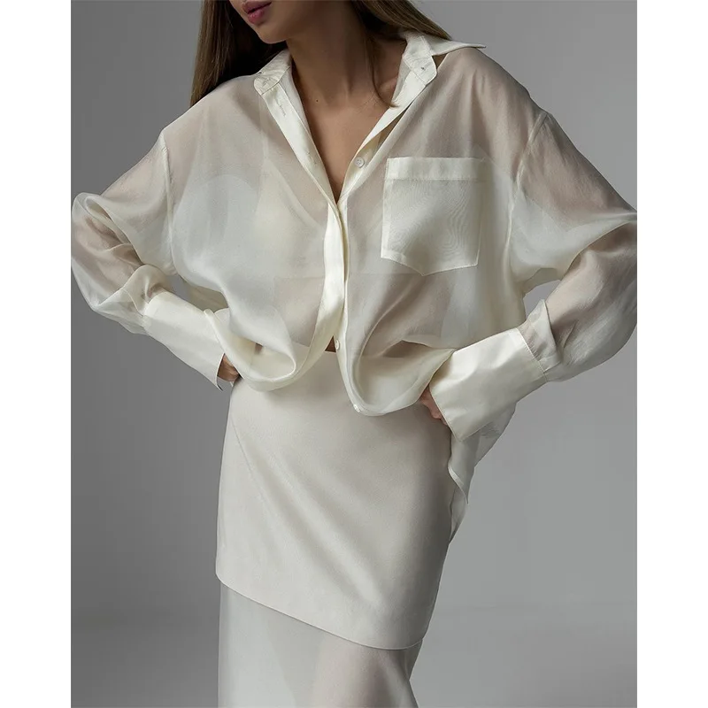 

A Two-piece Set Silk Mesh Tulle Lapel Long-sleeved Shirts High-waisted Patchwork Skirts Autumn European American Women Clothing