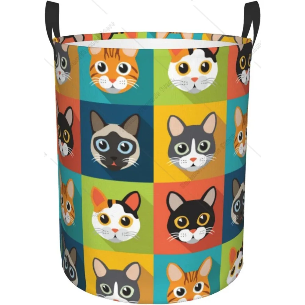 Colorful Cartoon Cat Face Laundry Hamper Dirty Clothes Storage Basket Large Laundry Basket With Handles, Small, Fashion