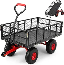 Heavy Duty Steel Garden Dump Cart Metal Garden Wagon with Removable Mesh Sides Utility Metal Dump Wagon with Rotating Handle