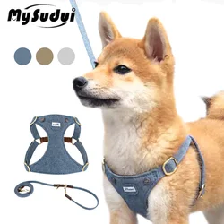 Durable Dog Harness And Leash Set Adjustable Soft Denim Kitten Puppy Chest Strap Luxury Leather Traction For Small Medium Dogs