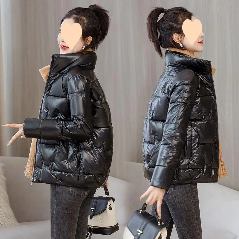 

Winter Women Jacket 2025 Fashion Glossy Cotton Jacket Solid Stand Collar Loose Short Spliced Pockets Warm Casual Women Clothing
