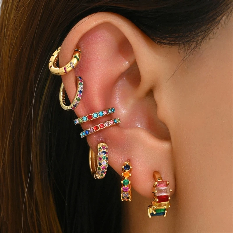 

7PCS/Set Simplified Copper Set with Colorful Diamond Women's Trendy Individual Layering Irregular Ear Ring Collection