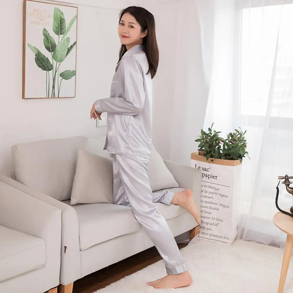 Long Sleeve Suit Solid Color Pajamas Set Women Sleepwear Silk Satin Couples Suit