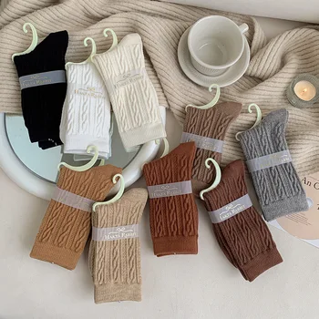 Meias de lã de coelho de cor sólida meias femininas de tubo médio outono e inverno meias quentes grossas