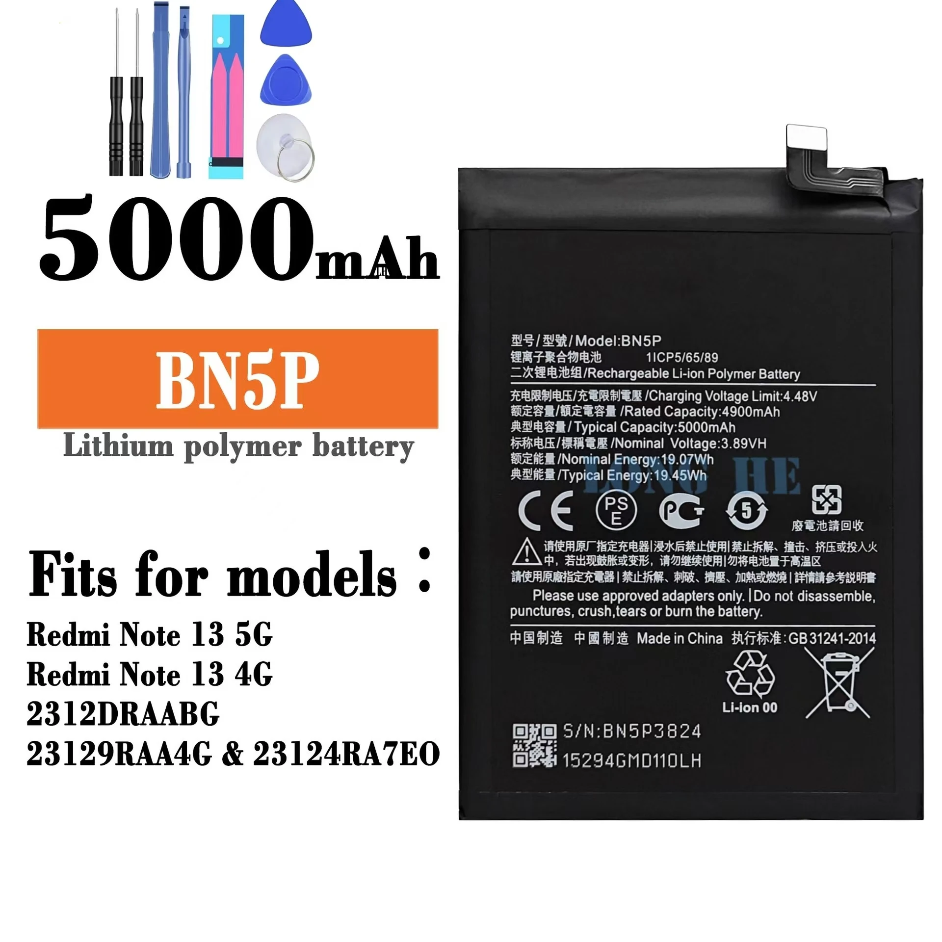 For Redmi note 13 5g BM5P high capacity battery , mobile phone battery replacement repair parts, send tools