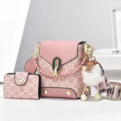 Women's Fashion Mini Crossbody Bag Set, Geometric Print, Bright Pink, Faux Leather, Polyester Lining, Turn Lock Closure, with Ta