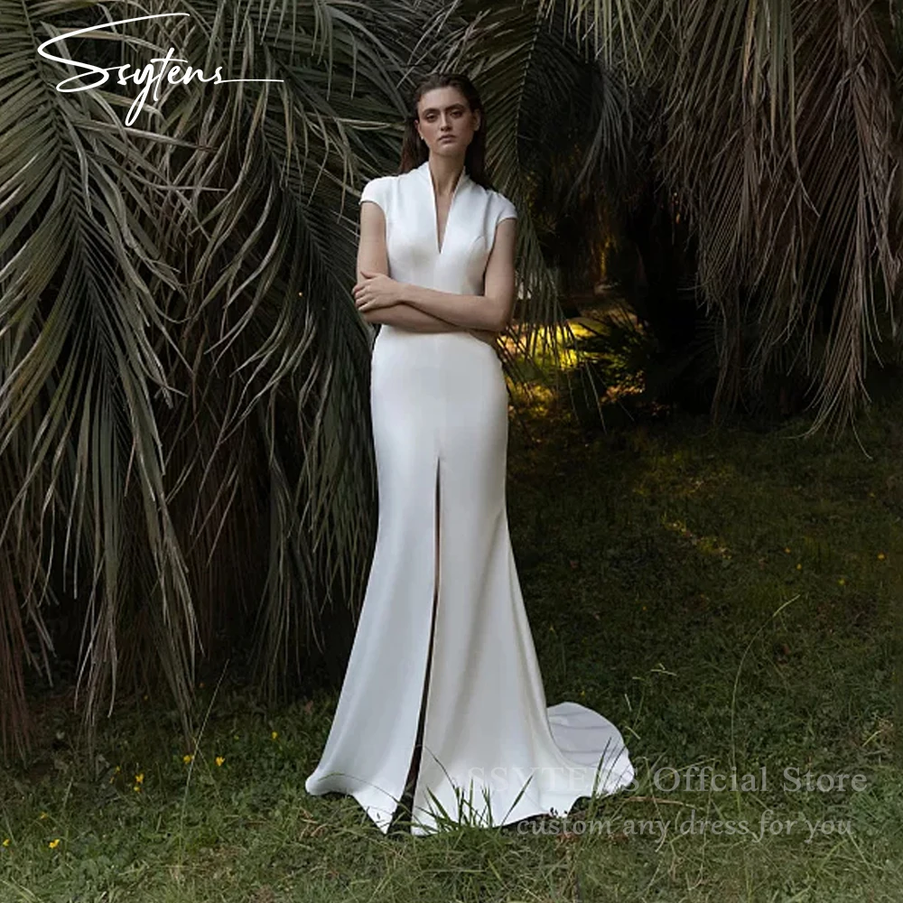 

SSYTENS Modern V Neck Wedding Dresses Cap Sleeves Customized Mermaid Bride Gowns Elegant Backless Long Wedding Party Dresses