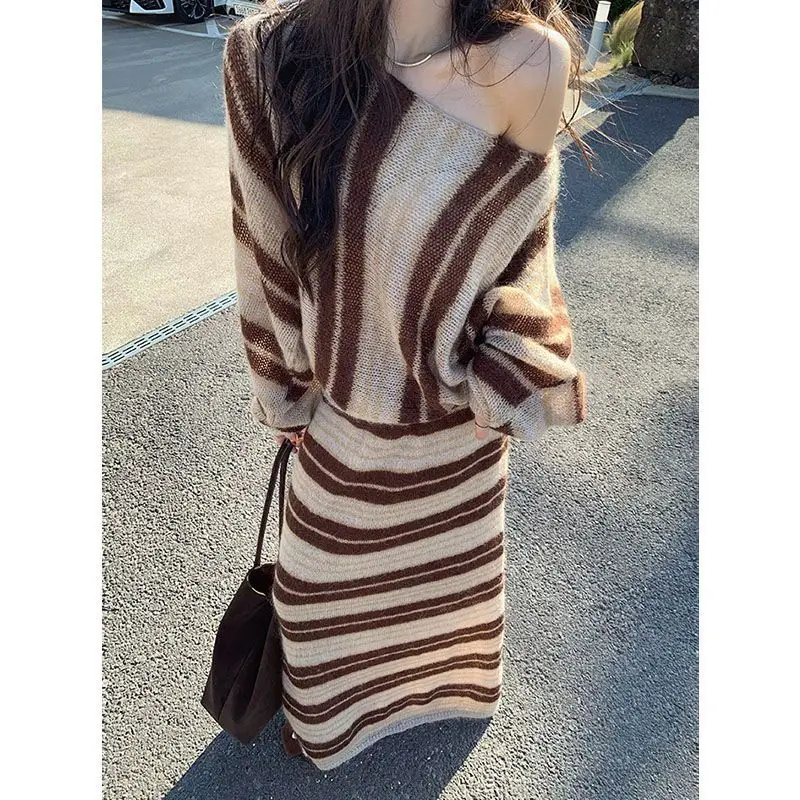 2000s Vintage Y2k Suits Women Retro Brown Crop Tops Sweater +  Mini Skirt Japanese Kawaii 2 Piece Sets Korean Party Clothing