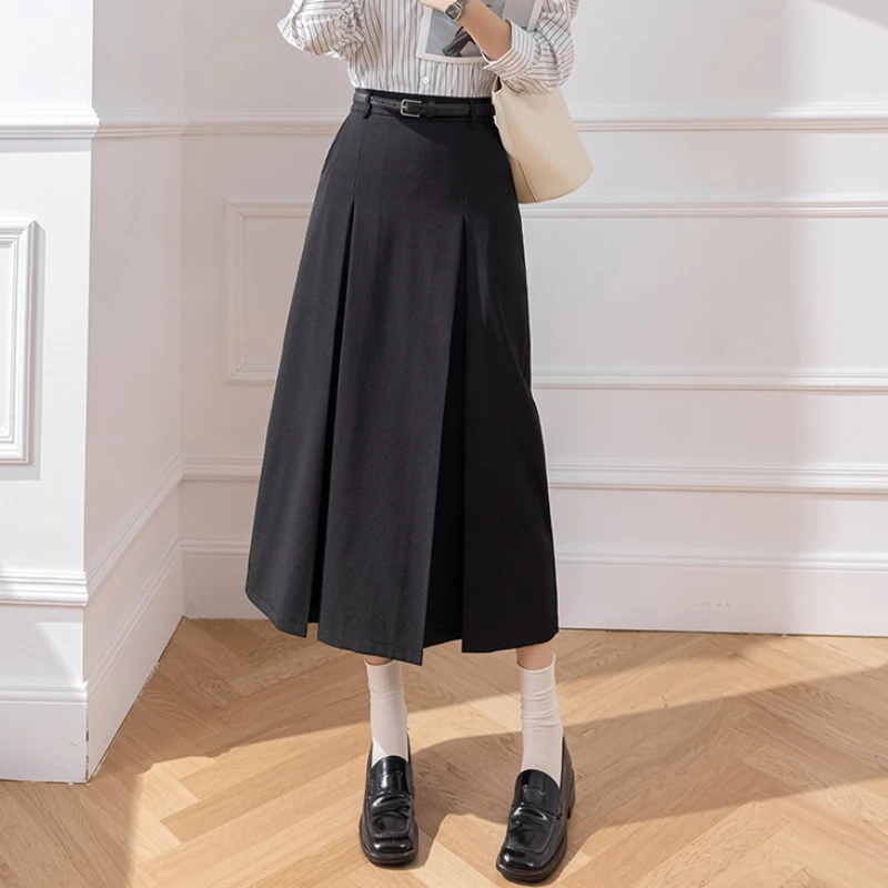 Korean Fashion High Waist A-line Long Skirts Office Ladies Elegant Suit Skirt 2024 New Spring Summer Midi Skirts With Belt