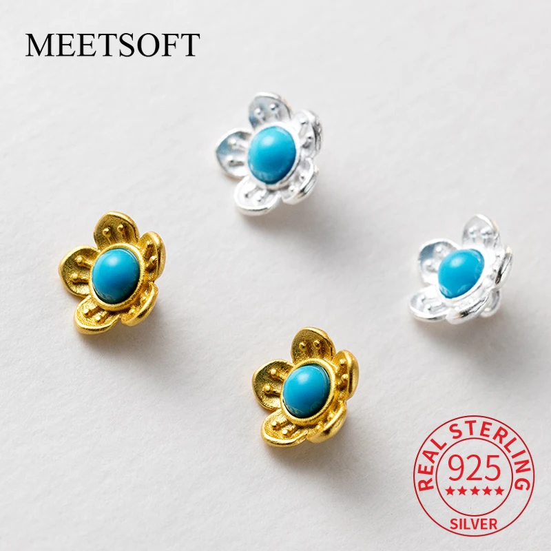 S925 Sterling Silver Blue Turquoise Flower Button Hand Woven Rope DIY Bracelet Necklace Handmade Woven Rope Material Accessory