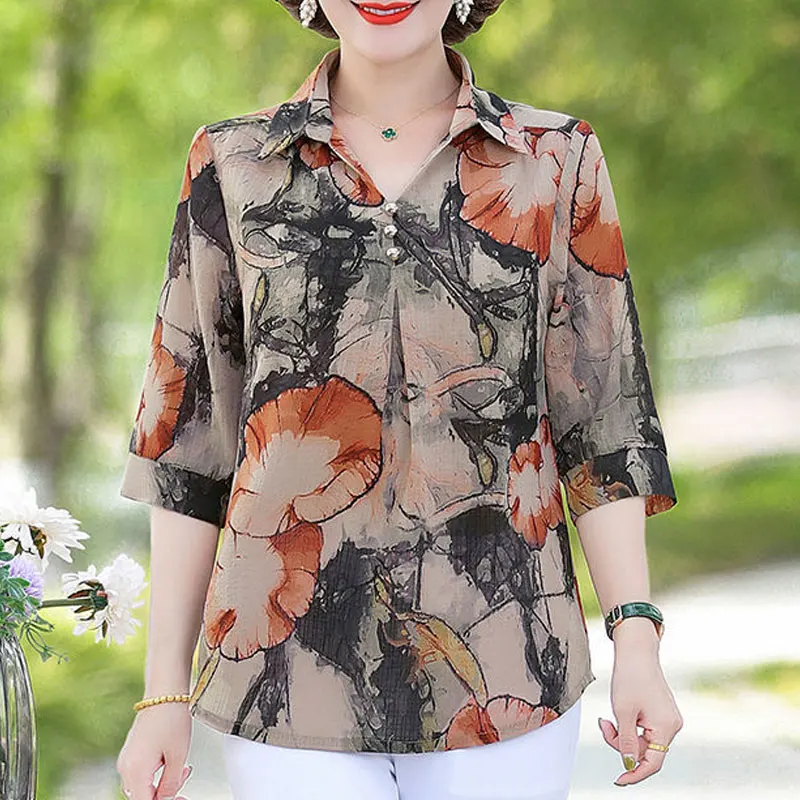 Summer Vintage Floral Printed Shirt Women\'s Clothing Casual Turn-down Collar Button Commute Half Sleeve Stylish Loose Blouse