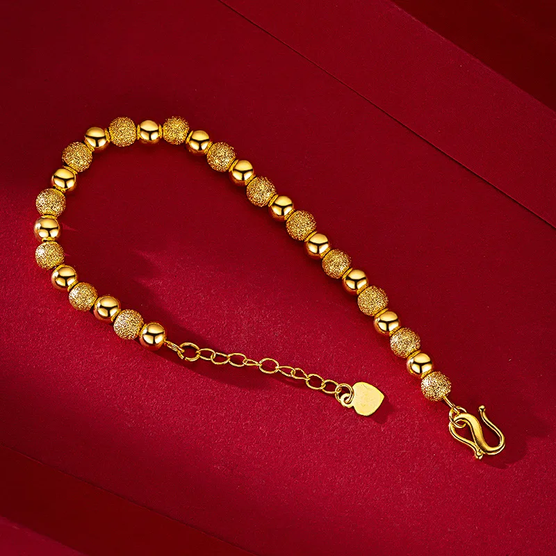 9999 real gold 24K yellow gold Frosted Round Beads Ladies Bracelet 6mm