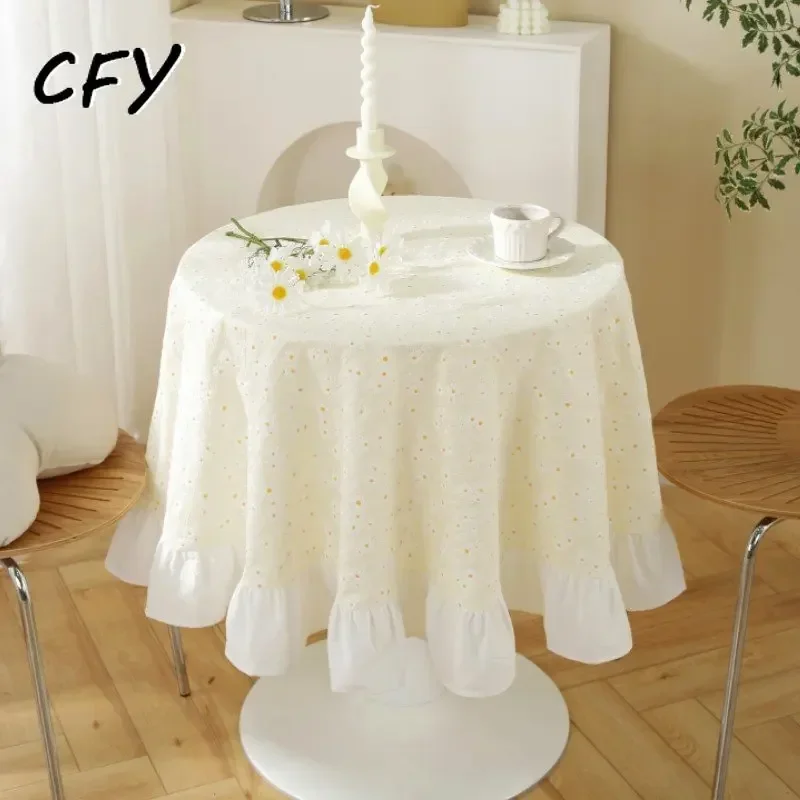 Mantel redondo con borde de falda de Margarita pequeña de lino y algodón, cubierta para mesa de centro con volantes, ropa para mesa de comedor