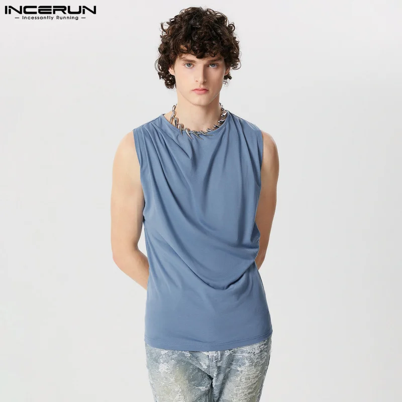 2024 INCERUN Men Tank Tops Pleated Solid Casual Vests Tops Tee Sleeveless Streetwear Male Men Clothing Beach Blouses Blusa S-5XL