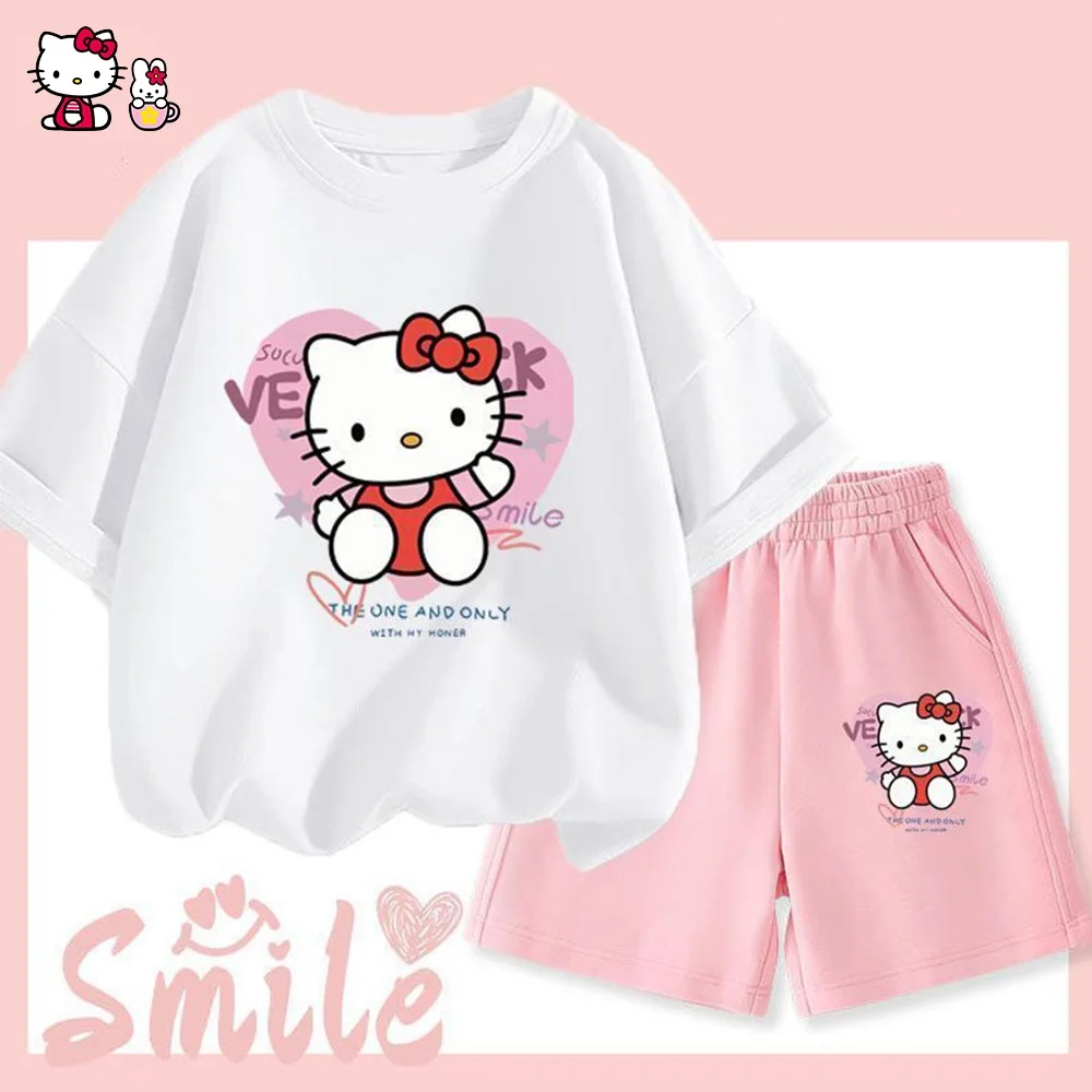 

Комплект детской футболки Hello Kitty из 2 предметов, новинка, аниме Sanrios, кавайные Мультяшные модные белые шорты с коротким рукавом, летняя пляжная спортивная одежда