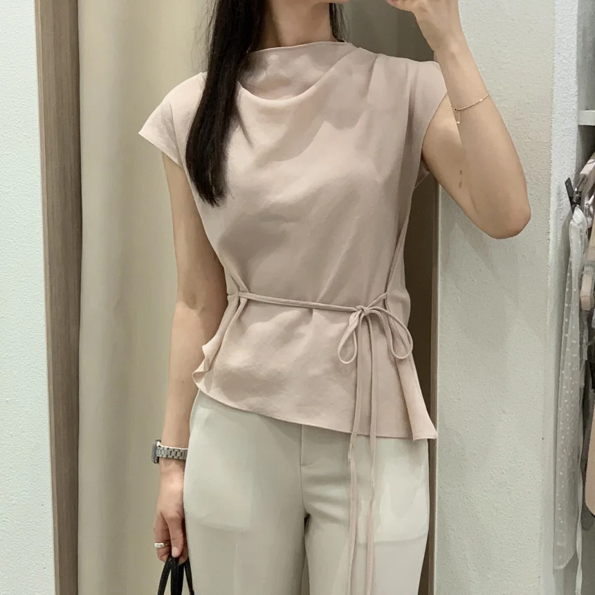 

Simple Elegant Shirt Korean Versatile Simple Lace Up Collar Shirt French Luxury Trendy Streetwear Solid Casual Sleeveless Top