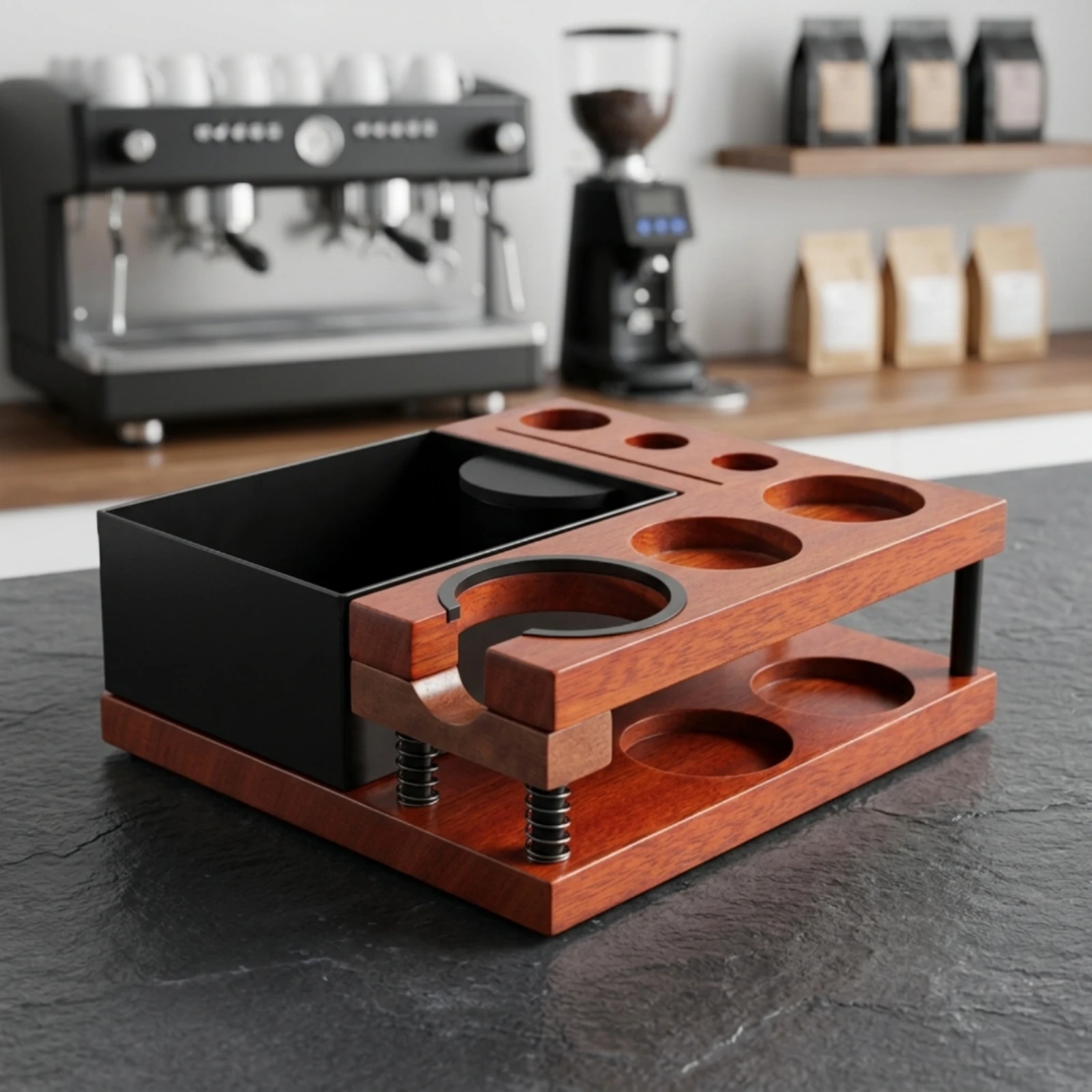Coffee Tamper Holder Stand Multi Opening Portafilter Stand Espresso Tamper Station Wood Grain for Baristas, Cafe Counter - view 2