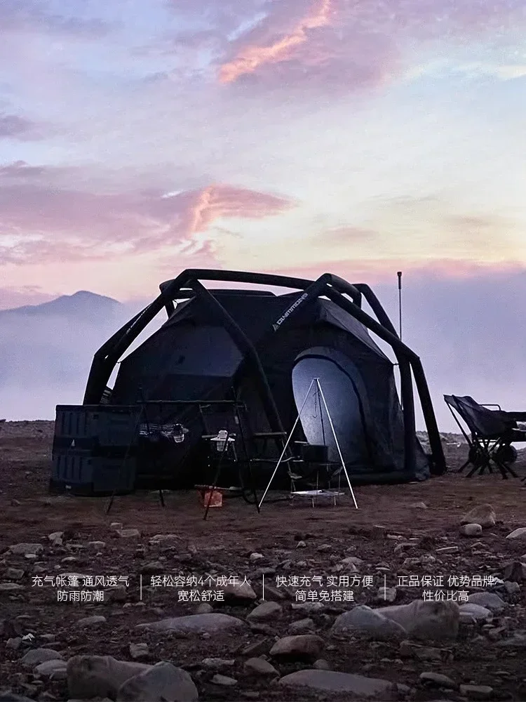 Inflatable camping tent for outdoor use, with great protection against thick night rain