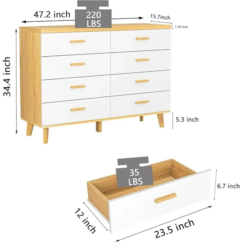 6 Drawer Dresser, White Wooden Dresser for Bedroom, Wide Chest of Drawers with Solid Wood Handles and Legs for Livin