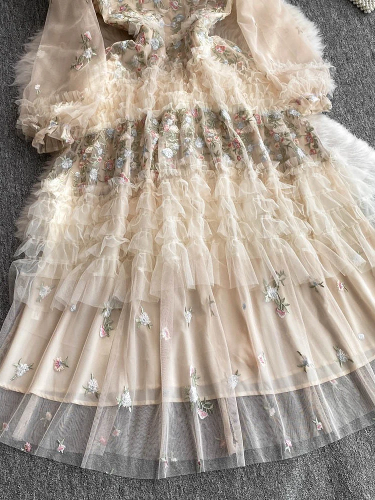 Ele Long Lace Dr with Embroidery And Bubble Sves Cake Sle Women's High Waist A-Line Skirt Autumn Season Faion