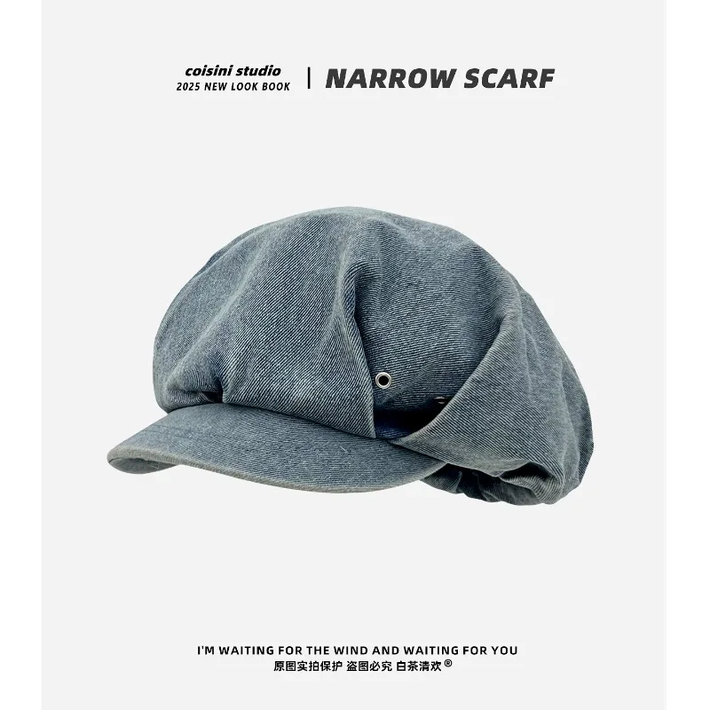 

Harajuku Oversized Retro Denim Berets for Women Show Face Small Spring Autumn Travel Casual Versatile Octagonal Newsboy Hats