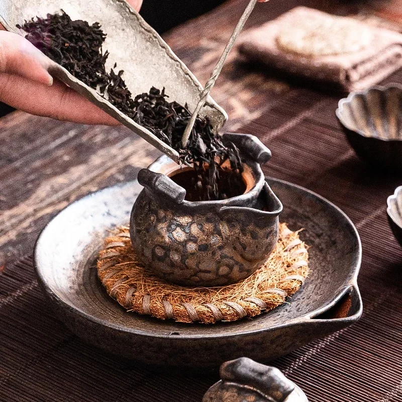 Old Rock Mud Rough Pottery Tea Pot Retro Black gold glazeTeapot Kettle Ceremony Making Single Pot Ceremony