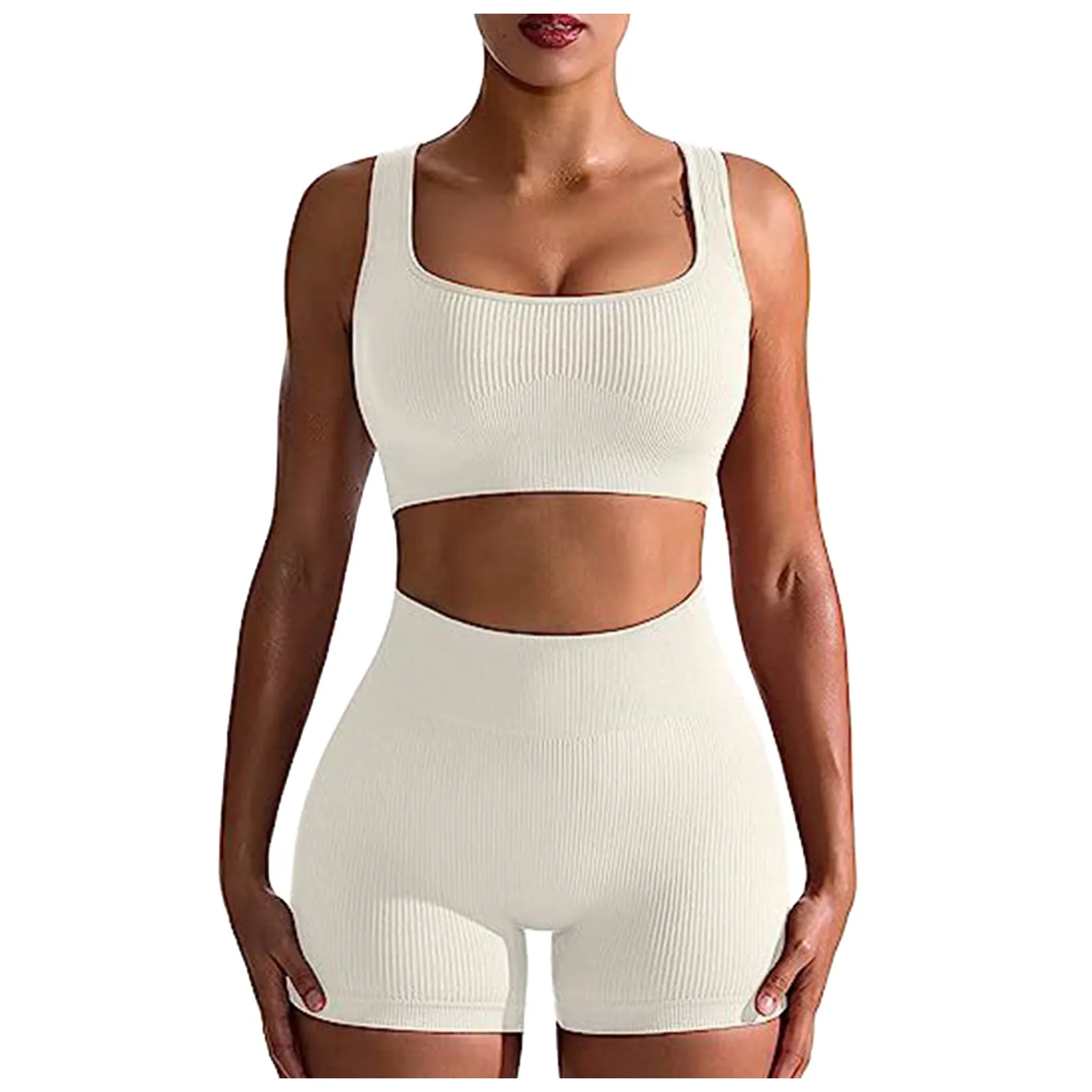 Workout Outfit Sets For Women 2 Piece Seamless Ribbed High Waist Leggings With Sports Bra Crop Full Bottom Swimsuits for Women