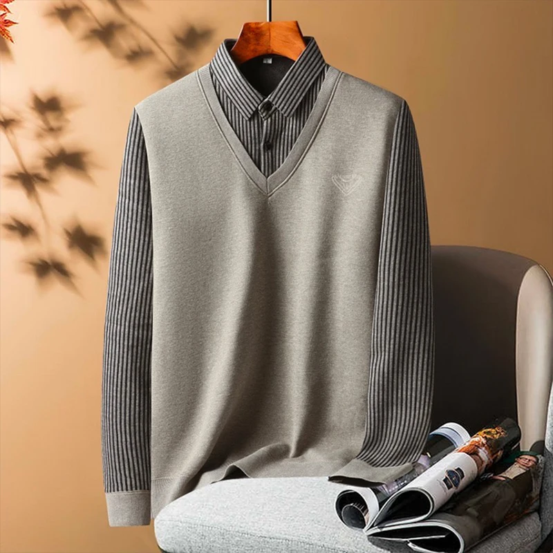 Mens Autumn Clothes Polo Collar Sweater Fake 2 Pieces Striped Velvet Jumpers Slim Fit Pullovers Elegant Knitted Sweaters