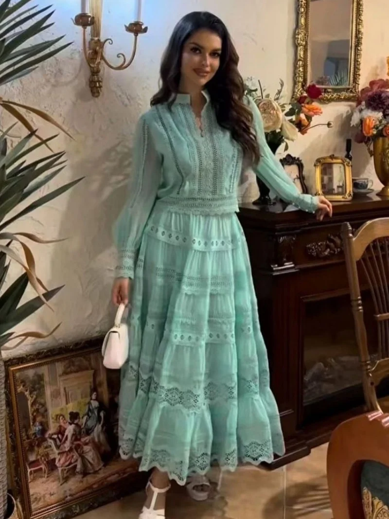 

Элегантный кружевной комплект из 2 предметов, женский наряд, осенняя одежда, женская рубашка с рукавами-фонариками, топ и юбка, костюм из двух предметов, комплекты платьев